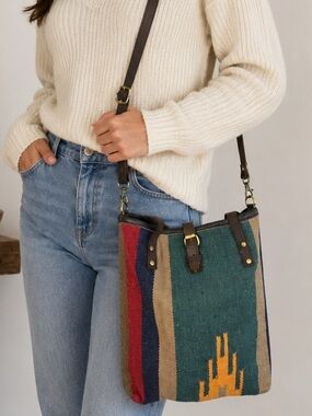 Raj Woven Multicolor Stripe Crossbody Bag with Brown Leather Trim NWT